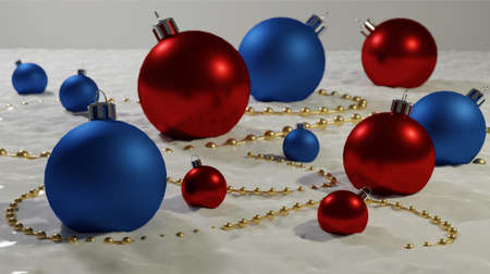 Christmas background. Winter holiday decorations in the snow. Vector illustration. Red and blue balloons.の写真素材