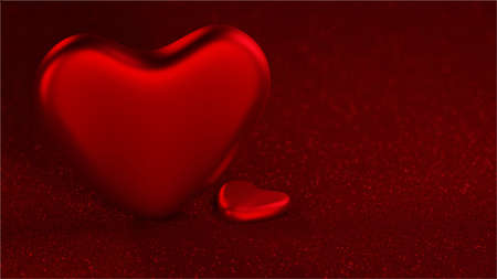 Realistic 3D colorful red romantic hearts Valentine background, shiny and festive.の写真素材