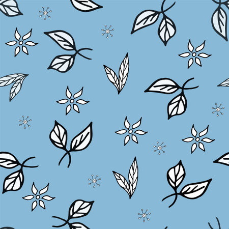 Simple doodle seamless pattern Hand drawn leaves twigs on a light background. Monochrome minimalist botanical background, hand drawn vector illustrationのイラスト素材