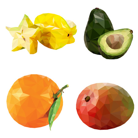 A set of exotic fruits, carambola, avocado, orange and mango on a white background.のイラスト素材