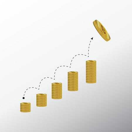 Bitcoin and the New virtual money concept. Gold coin with the letter B. Badge. Vector illustration, Golden bitcone on gray backgroundのイラスト素材