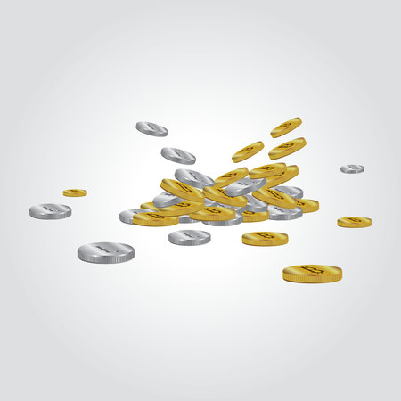 Bitcoin and Litecoin "New virtual money". Gold coin and silver. The money rain. Icon. Money. Vector illustration on a gray backgroundのイラスト素材