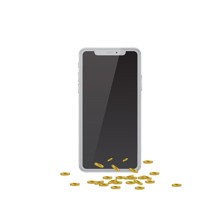 A realistic vector illustration of a high quality phone from which fall, gold coins of Bitcoin are poured. The concept of Internet banking.のイラスト素材