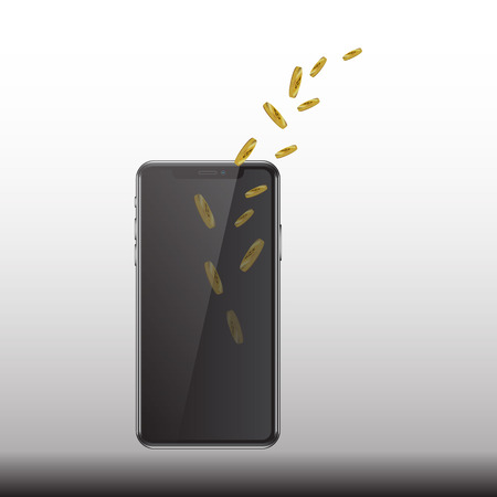Realistic vector illustration of high quality phone from which fly out, gold coins are poured Bitcoinのイラスト素材