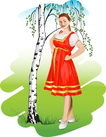 Girl in a russian national costume near birch のイラスト素材