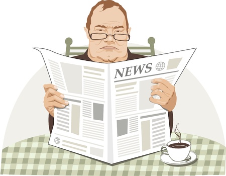 Angry man reads paper and have breakfast のイラスト素材