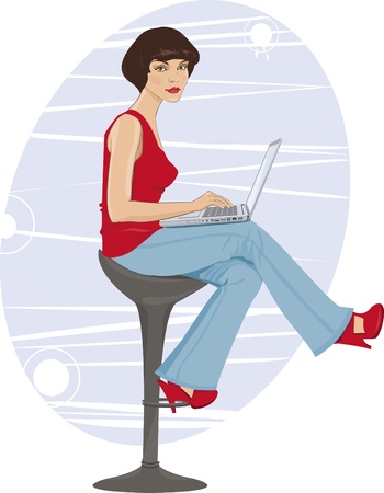  Illustration of a young woman sitting by the computer のイラスト素材