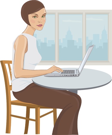 Illustration of a young woman in the office by the computer のイラスト素材