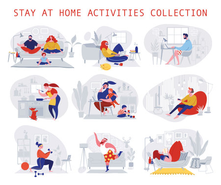 Collection of daily life or everyday routine scenes. Quarantine, stay at home concept series - people, families sitting at their home, room or apartment, practicing yoga, enjoying meditation, relaxingのイラスト素材