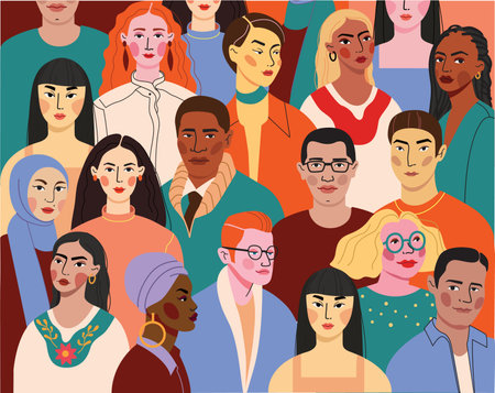 Crowd of young and elderly men and women in trendy hipster clothes. Diverse group of stylish people standing together. Society or population, social diversity. Flat cartoon vector illustration. stockのイラスト素材
