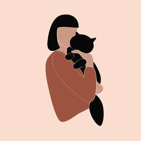 Woman and cat abstract illustration, minimalistic style. flat concept vector illustration