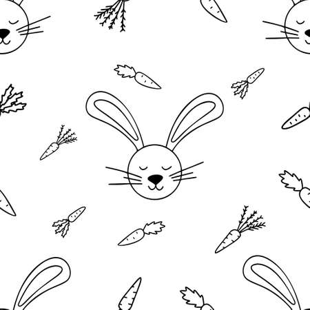 Cute Childish hand drawn seamless pattern with rabbits and czrrots on transparent background Scandinavian style vector illustrationのイラスト素材