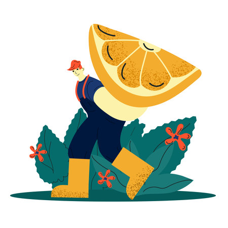 A cartoon man carrying a large orangeのイラスト素材