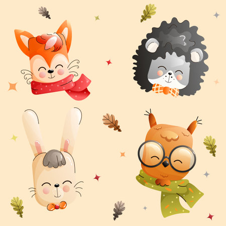 Children cute forest animals set with cozy scarves. Collection features illustrated a fox, a bear, a bunny, and an owl.のイラスト素材