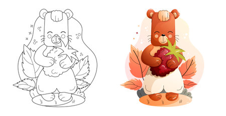 A Cute Cartoon Bear Coloring Page Black and White and Colored Versions. Childrens animals set.のイラスト素材