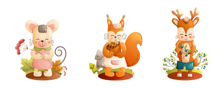 Chidren cute animal set. Charming and delightful Woodland Animal Illustrations that are perfect for children and kidsのイラスト素材