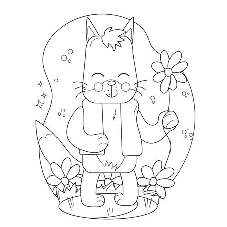 Childrens drawings coloring page. Happy wolf holding a flower surrounded by colorful flowers in a joyful outdoor settingのイラスト素材