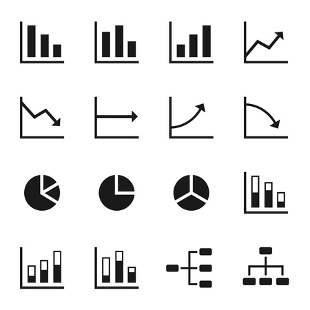 Black icons of various charts and diagrams with white backgroundのイラスト素材