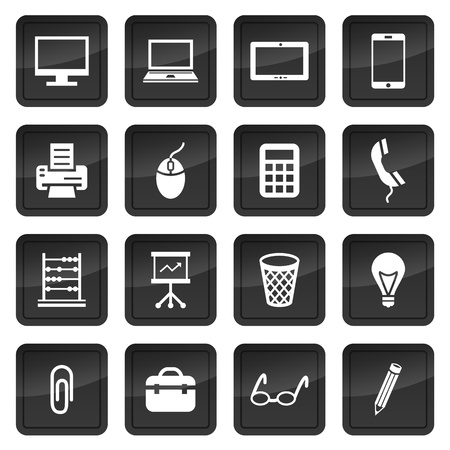Icons of office devices and equipment with dark buttons in backgroundのイラスト素材