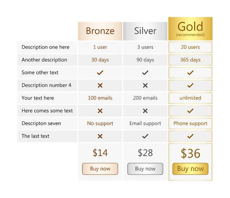 Pricing table with bronze, silver and gold planのイラスト素材