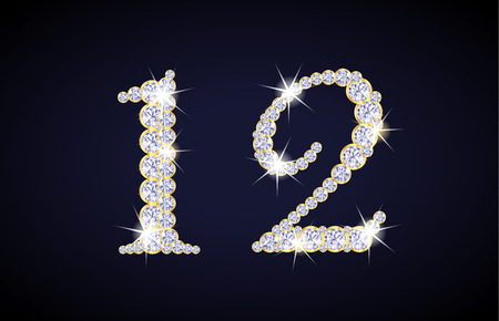 Number 1 and 2 composed from diamonds with golden frame. Complete alphanumeric set.のイラスト素材