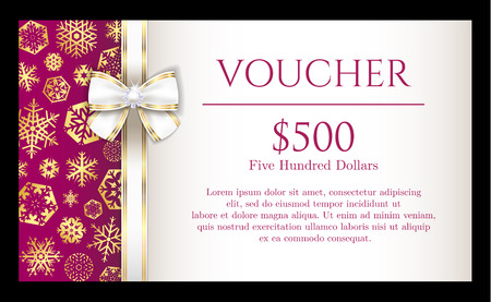 Luxury Christmas voucher with golden snowflakes on purple background and with white ribbonのイラスト素材