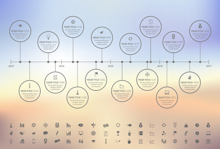 Modern rainbow timeline with circle milestones with pastel fill. Set of icons includedのイラスト素材