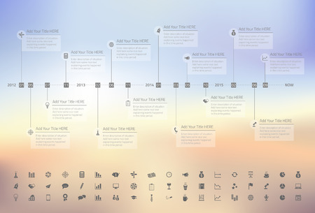 Modern rainbow timeline with transparent milestones in pastel colors on blurred background. Set of icons included.のイラスト素材