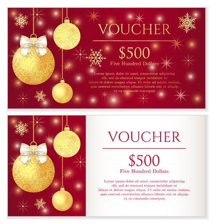 Luxury red Christmas voucher with golden Christmas ballsのイラスト素材