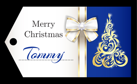 Luxury blue Christmas name tag with golden ornament Christmas tree and white ribbonのイラスト素材