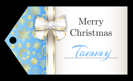Luxury sky blue Christmas name tag with golden snowflakes and white ribbonのイラスト素材