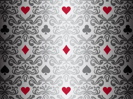 Silver background with poker symbols surrounded by floral ornament patternのイラスト素材