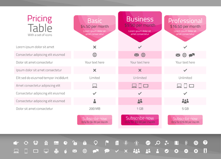 Light pricing table in pink color with 3 options. Icon set includedのイラスト素材