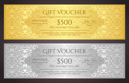 Luxury golden and silver gift voucher with vintage ornament patternのイラスト素材