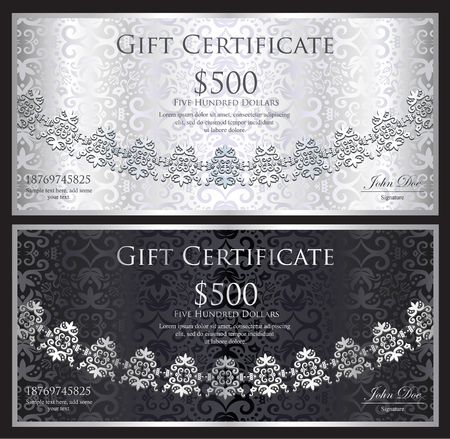 Luxury silver and black gift certificate with rounded lace decoration and vintage backgroundのイラスト素材