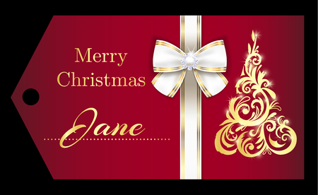 Luxury red Christmas name tag with golden ornament Christmas tree and white ribbonのイラスト素材