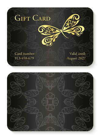 Luxury black gift card with dragonfly ornament. Front side with golden embossed relief, back side with circle ornament decorationのイラスト素材