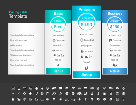 Pricing table with 3 plans and one recommended. Blue header color scheme and dark background.のイラスト素材