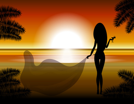 The girl against a beach and a decline.のイラスト素材