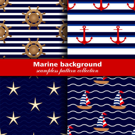 Marine background. Set of seamless patterns, four textures. Packaging, wrapping tissueのイラスト素材