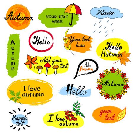 Hello autumn seasonal greeting badge template. Vector illustration of hand drawn leaves sketching on red and yellow square background with lettering for post cards, banners, flyers. Bright designのイラスト素材