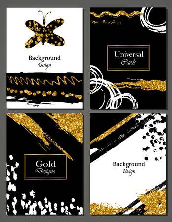 Brochure template design set with brush stroke Vector illustration. Grunge cards with golden paint, modern style poster or flyer. Brush strokes, gold tinsel.のイラスト素材