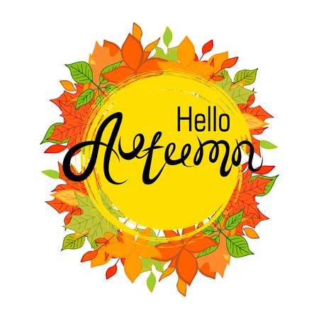 Hello, Autumn.The inscription on the autumn background. Yellow and orange leavesのイラスト素材