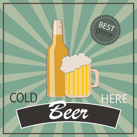 Vintage poster template for cold beer. Bottle and glass of beer.のイラスト素材