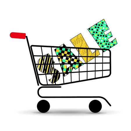 Concept of discount. Shopping cart with sale. Vector illustration. Beautiful lettersのイラスト素材