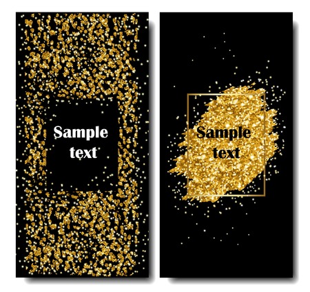 Vertical Black and Gold Banners Set, Greeting Card Design. Golden Dust. Vector Illustration. Happy New Year and Christmas Poster Invitation Template. Place for your Text Messageのイラスト素材
