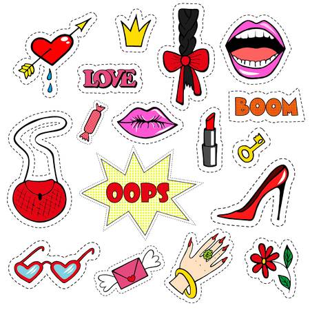 Cute fashion patch badges with lips, heart, mouth, crown, lipstick, key, hands and other elements. Trendy, modern design. Set of doodle stickers, pins, in cartoon 80s-90s comic styleのイラスト素材