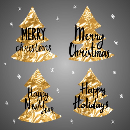 Christmas calligraphy phrases located on the golden fir-tree. Happy New Year. Merry Christmas. Happy holidays. Handwritten modern brush lettering. Hand drawn design elements.のイラスト素材