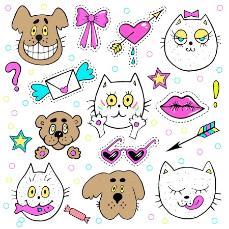 Fashion patch badges with kitten, puppy, teddy bear, lips, envelope and other elements. Vector illustration isolated on white background. Set of stickers, pins, patches in cartoon 80s-90s comic styleのイラスト素材