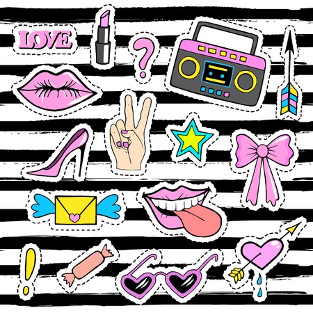 Cute fashion patch badges with lips, hand,tape recorder, shoes, glasses, heart and other elements. Trendy, modern design. Set of doodle stickers, pins, in cartoon 80s-90s comic styleのイラスト素材